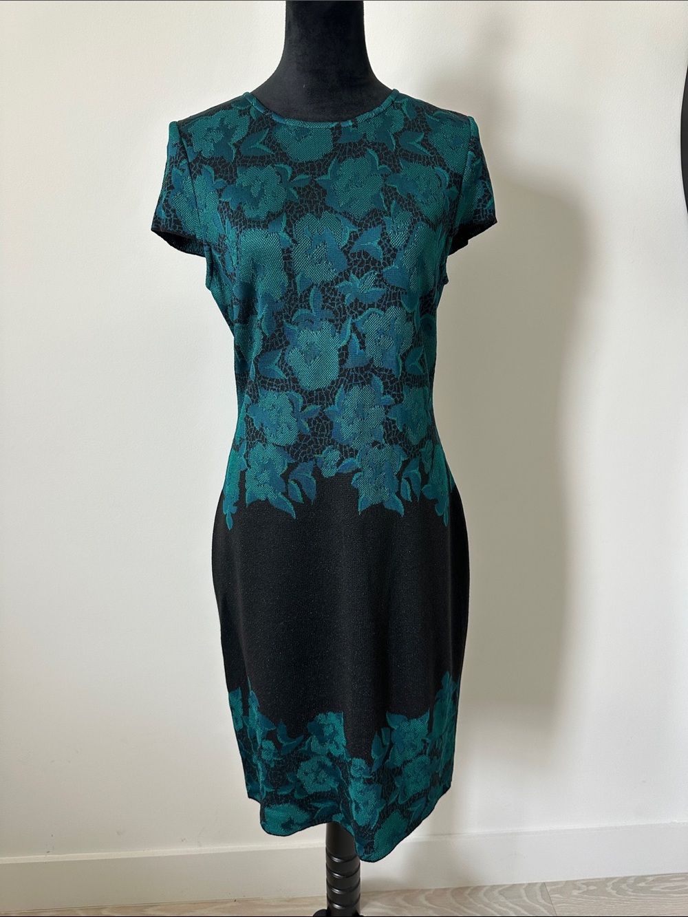 St. John knit - Teal and Black Floral Sheath Dress